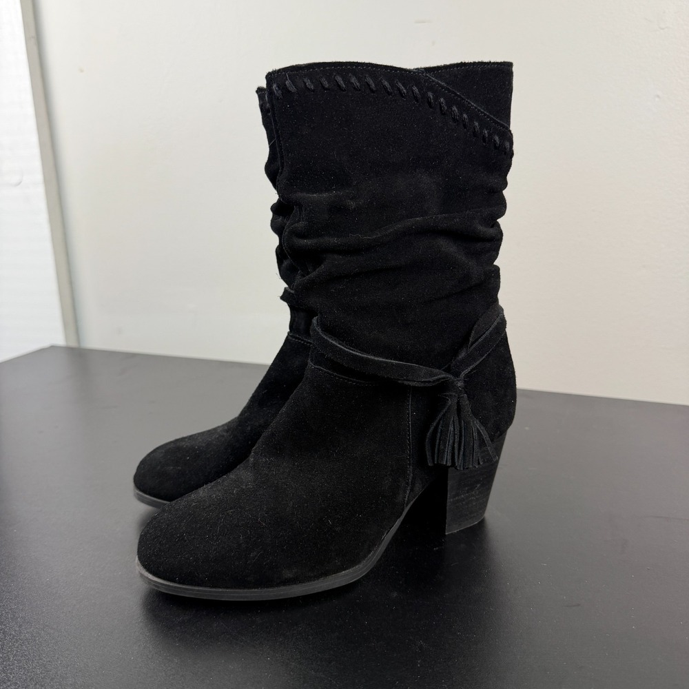 Minnetonka Slouch Mid Calf Boots Women 7 Black Suede Leather Block Heels Western